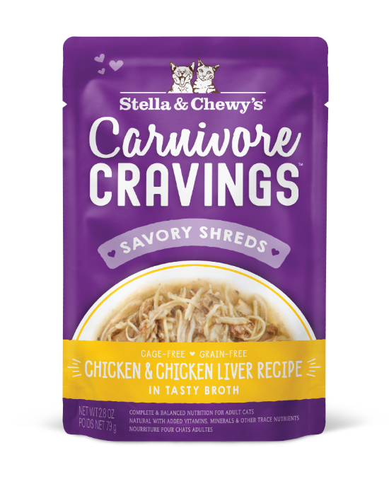 Picture of (2.8 oz.x24) Chicken & Chicken Liver Recipe in Tasty Broth (Savory Shreds) Carnivore Cravings Pouch 