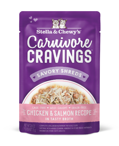 Picture of Stella & Chewy's Chicken & Salmon Recipe in Tasty Broth Savory Shreds Carnivore Cravings Pouch 2.8 oz