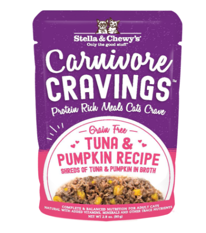 Picture of Stella & Chewy's Adult Tuna + Pumpkin Recipe in Tasty Broth Savory Shreds Carnivore Cravings Pouch 2.8 oz